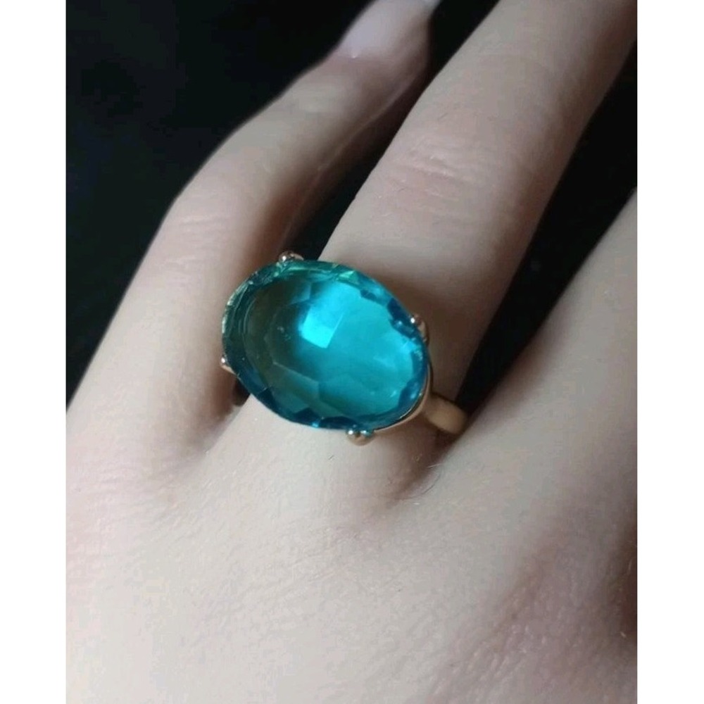 Blue Teal Oval Faceted Cocktail Ring Gold Tone Prong Set Size 6.25 Statement